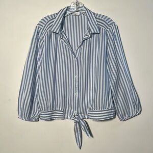 BEACHLUNCHLOUNGE Nautical Blue/White Stripe Puff 3/4 SLV Tie Waist Preppy Top L
